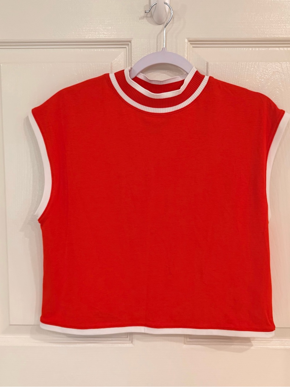 CALIA by Carrie Underwood | Orange-Red Sleeveless Mock Neck Tank with White Trim - Picture 2 of 8